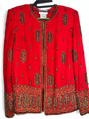 Vintage Small Red Silk Beaded Embellished Jacket PTP 19” Small Stain